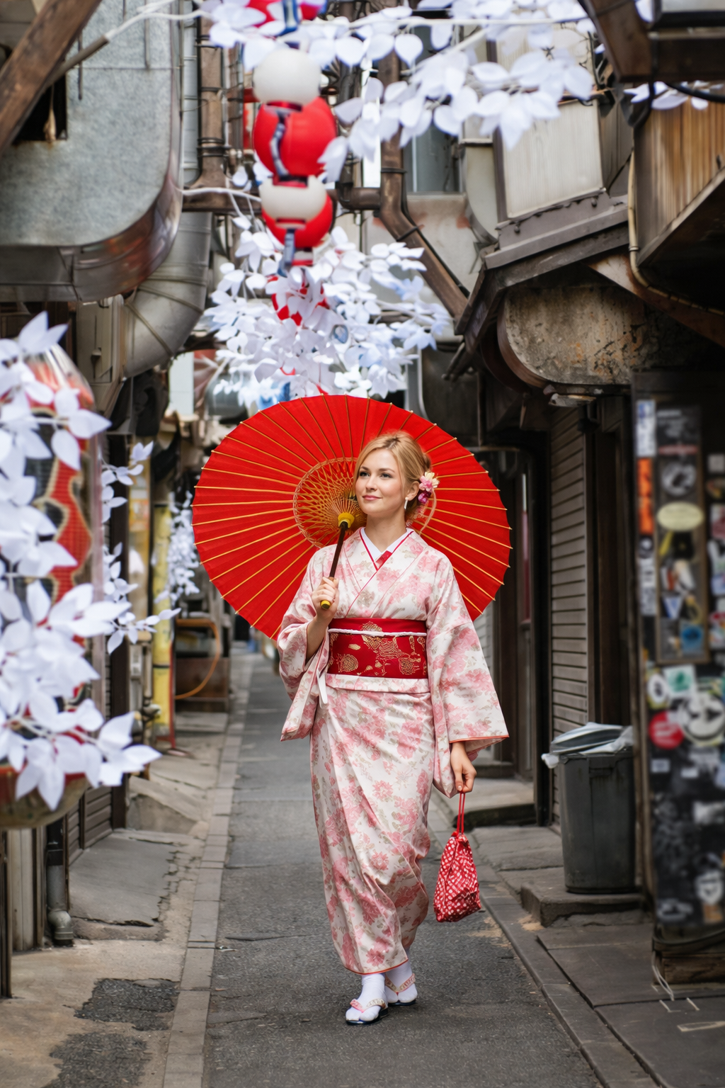 voyage à tokyo en trottinette, geisha, rose et rouge, fleur, traditionnel, japon, ruelle, quartier, Shibuya